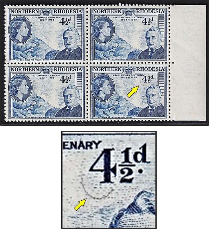1953 Northern Rhodesia 4½d MM/UMM Marginal Block Variety - Grey "Smile" under "4"
