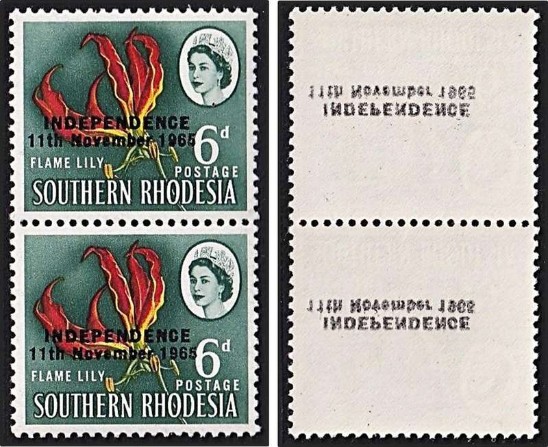 1965 Rhodesia 6d UMM(**) Pair with Variety  - Complete Surcharge Offset on the Back