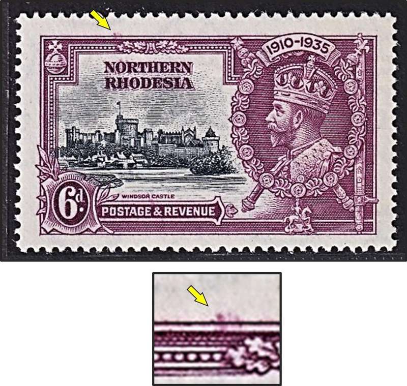 1935 Northern Rhodesia 6d UMM(**) Variety - Purple Blob on Top Frame - Rare