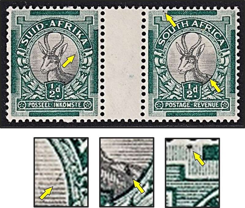 1935 Union  ½d MM(*) CC.55c Scarce Gutter Pair Varieties - Mark on Back, Dot Top Left & Slash