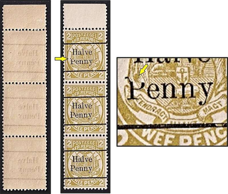 1893 ZAR ½d on 2d UMM(**) Variety - Broken "P" in Penny or "Yenny" instead of Penny