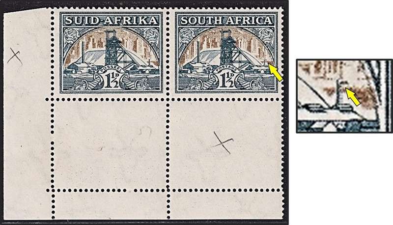 1936 Union 1½d UMM(**) Corner, Positional UHB Var.6 - Flag on Small Chimney