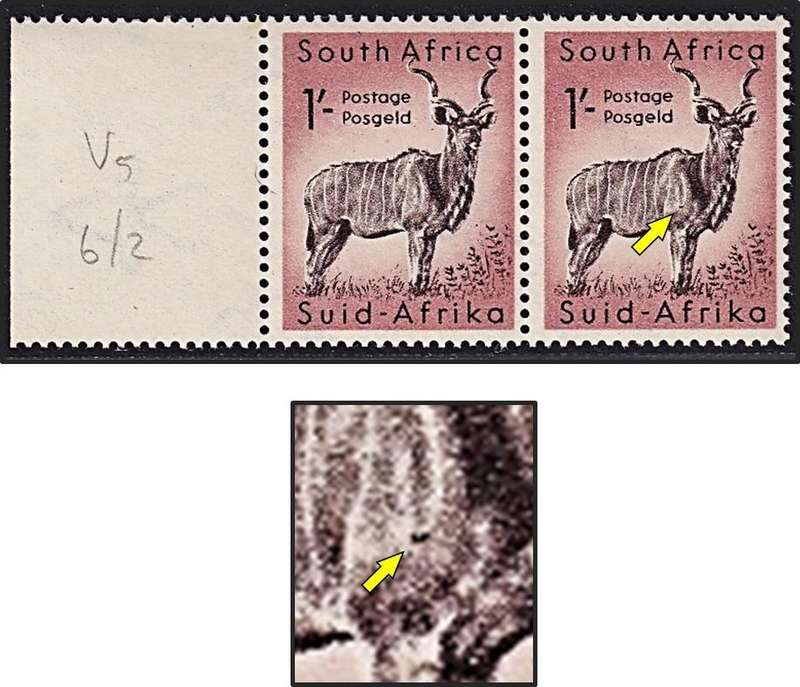 1954 Union 1/- UMM(**) Marginal Pair UHB Var.5 - Brown Dot on Shoulder