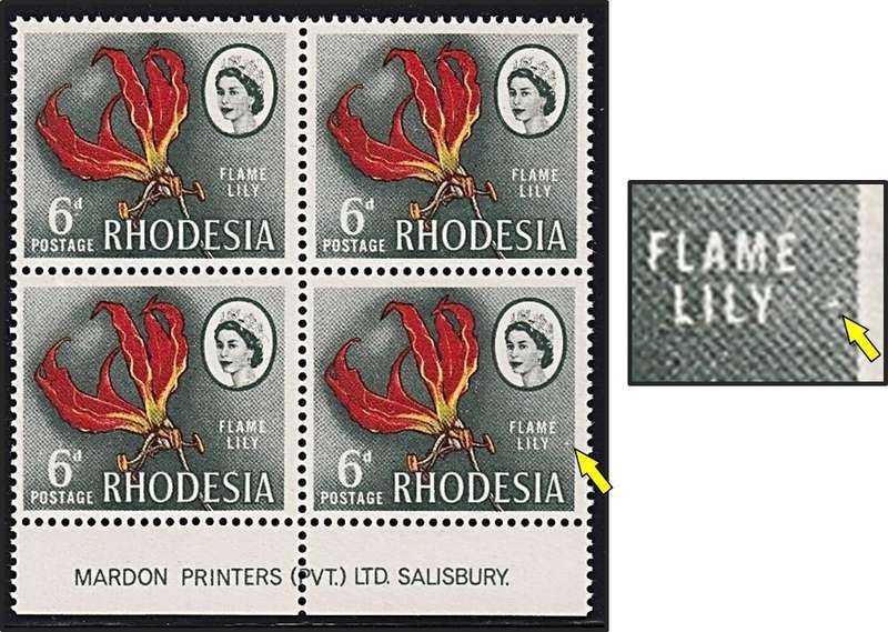 1966/70 Rhodesia 6d CC.149 UMM(**) Imprint Block Variety - White Spot after "Lily"
