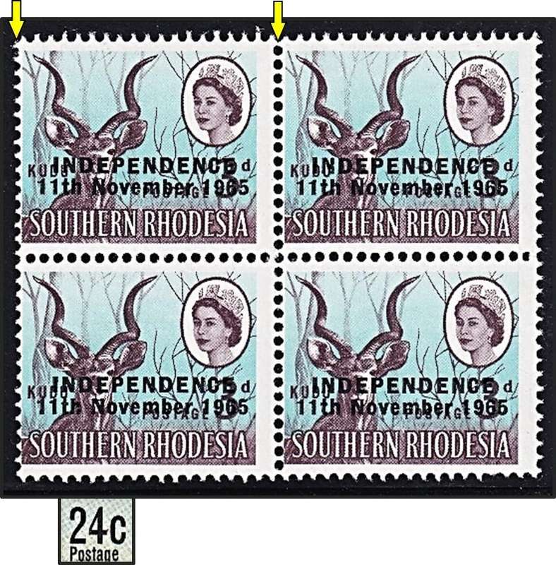 1965 Rhodesia 3d UMM(**) Block with Prominent Perforation Shift to Right