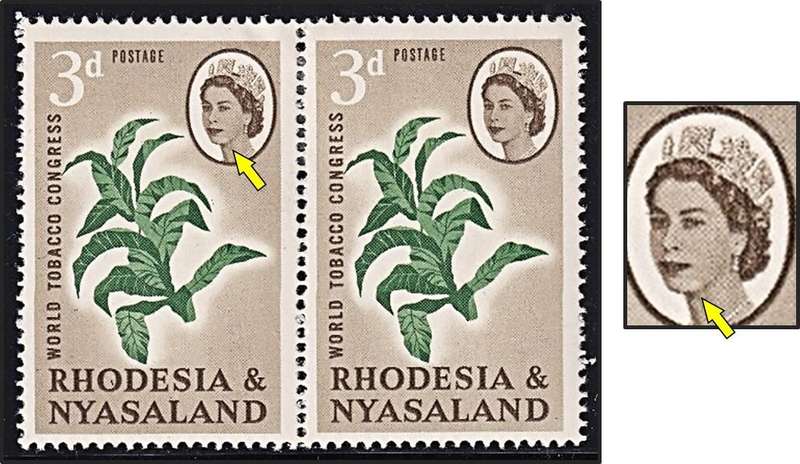 1963 Rhodesia & Nyasaland 3d MM(*) Pair with "Spot on Chin" Flaw