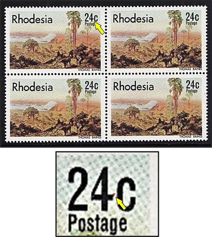 1977 Rhodesia 24c MM/UMM Block Variety - Red Mark on "4" - RARE!
