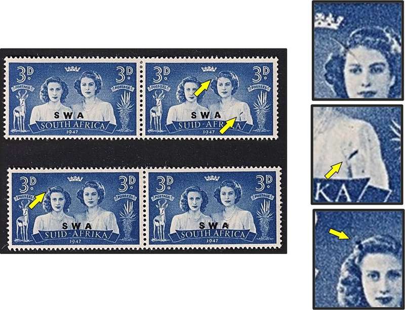1947 SWA 3d MM(*) UHB Varieties - Blue Mark on Arm & Black Eyed Princess