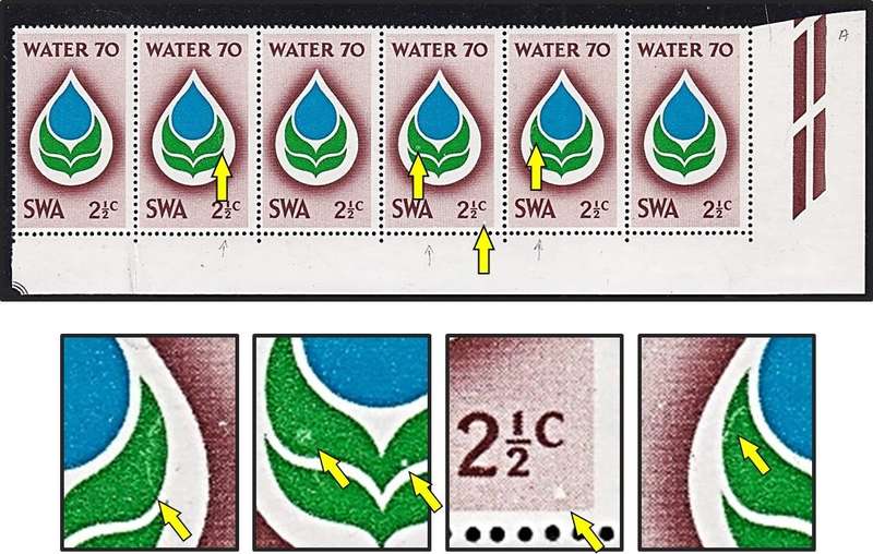 1970 SWA Water70 UMM(**) Corner Strip Varieties - White Blobs & Scratch