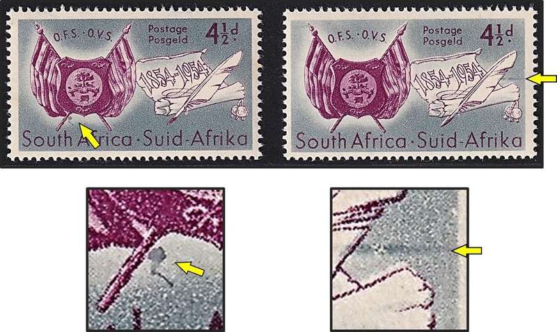 1954 Union 4½d UMM(**) UHB Var.3 - Mark to Left of Quill & Var.4 - Mark Below Left Flag