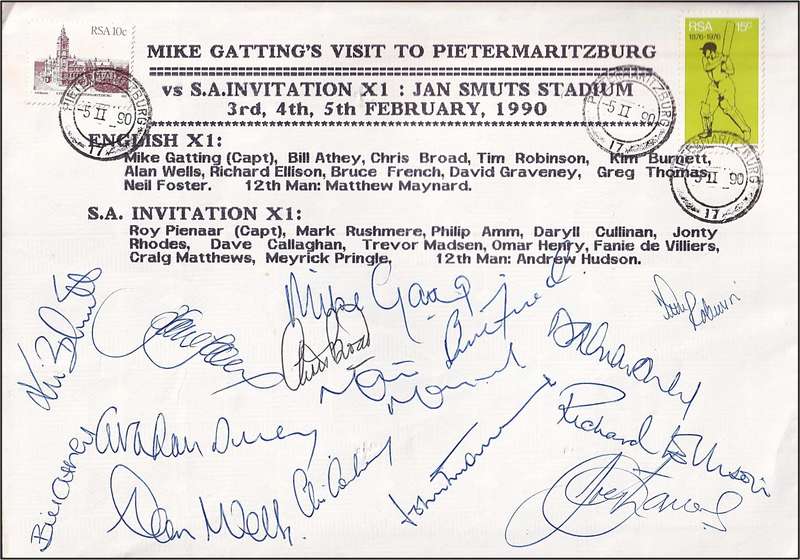 1990 RSA Mike Gatting (Capt) Invitation XI Signed Cover by English Cricket Team - Great Item!