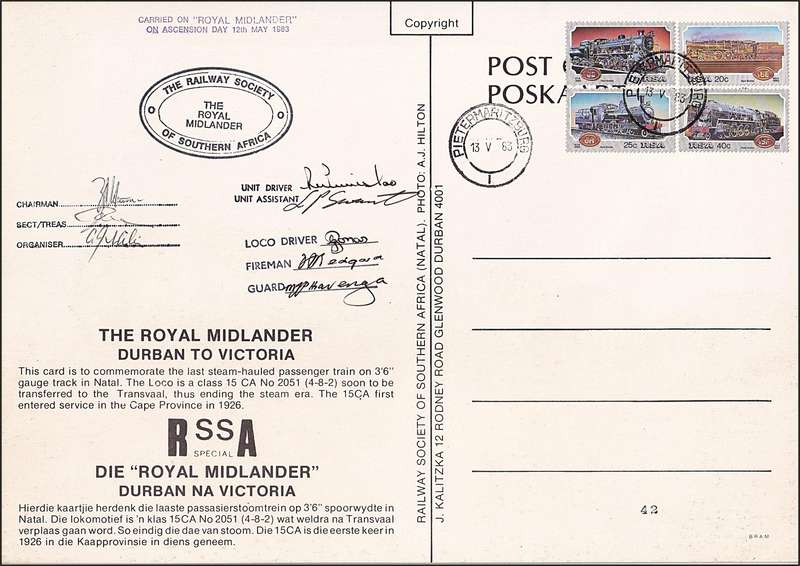 1983 RSA Special Card carried on the "Royal Midlander" - Signed by various parties