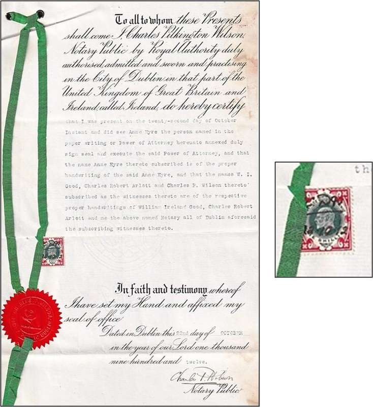 1912 Great Britain Public Notice on Anne Eyre with KEVII 1/- Pen Cancelled - Nice Item!