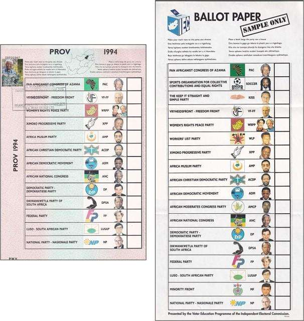 1994 RSA Mandela Issue tied to Ballot with SAPO Klerksdorp Handstamp + Sample Ballot