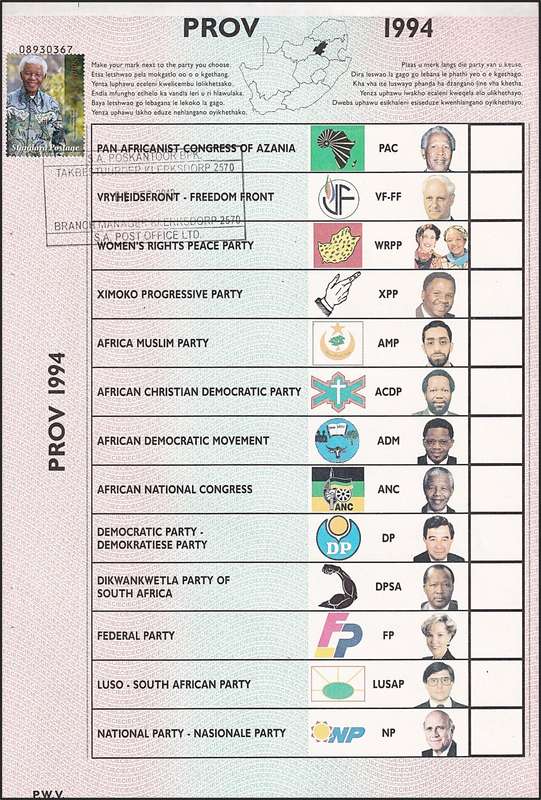 1994 RSA Mandela Issue tied to Ballot with SAPO Klerksdorp Handstamp + Sample Ballot
