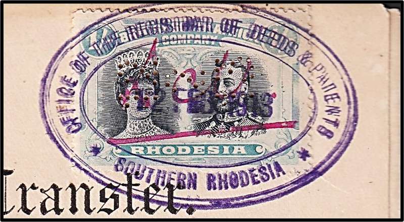 1913 BSAC Transfer Document with 1/- Doubleheads Hand Stamped