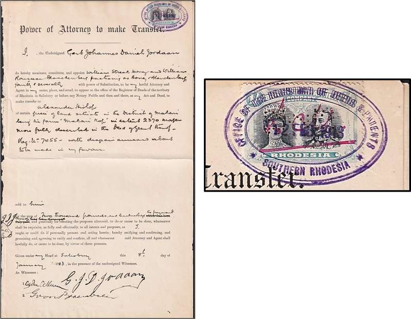 1913 BSAC Transfer Document with 1/- Doubleheads Hand Stamped