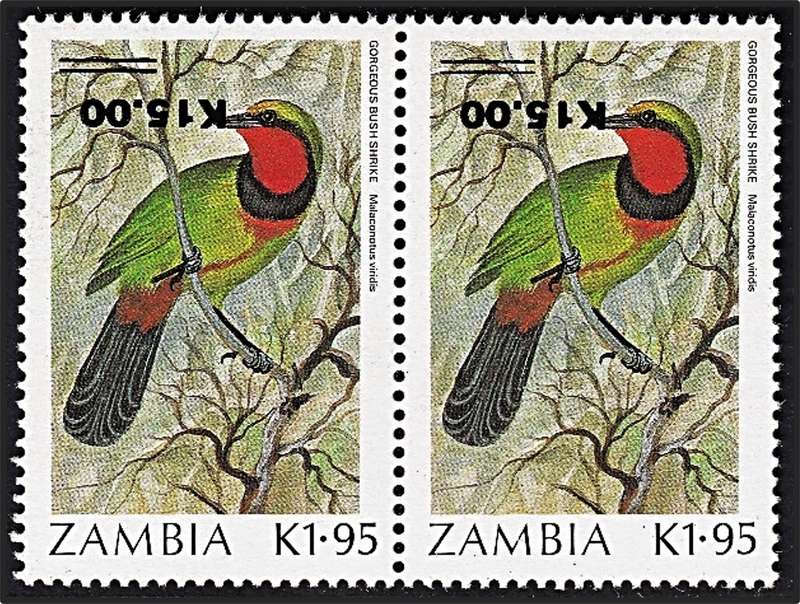 1989 Zambia SG.593v UMM(**) Pair Flaw - Inverted & Misplaced Surcharge - RARE