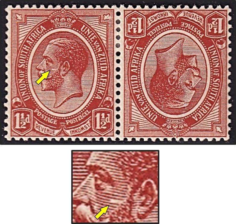 1913 Union 1½d MM(*) Tete Beche King's Head Variety - Gash in King's Face