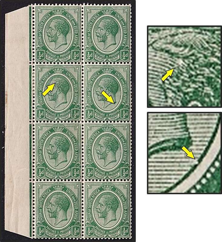 1913 Union ½d UMM/MM King's Head Block Varieties - Hole in Head & Broken Oval