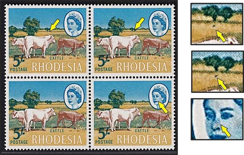 1966 Rhodesia 5/- UMM(**) Varieties - Smudge on Queen's Nose & 2 Bushes on Top 2 Stamps