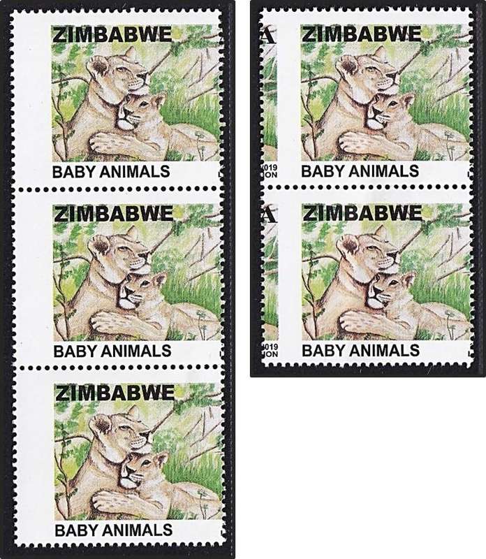 2019 Zimbabwe UMM(**) A-Value Baby Animals Pair/Triplet with Major Perf Shift