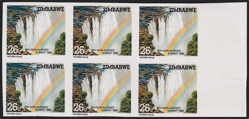 1986 Zimbabwe UMM(**) 28c Vic Falls Marginal IMPERF Block of 9