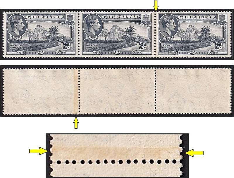 1938 Gibraltar KGVI 2d Mint(light gum), SG.124a Strip with RARE PAPER JOIN!