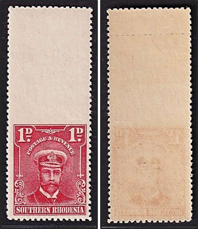 1924 Southern Rhodesia 1d KGV, Top LMM, Imperf Portion of Gutter - Scarce