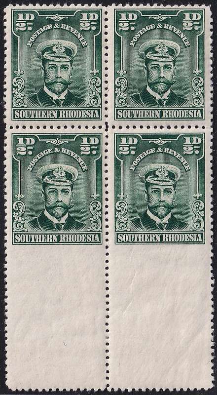 1924 Southern Rhodesia ½d KGV Block of 4, Top Pair LMM, Imperf Portion of Gutter - Scarce