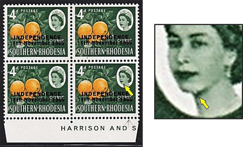 1965 Rhodesia 4d UMM(**) - Constant Flaw - "Fluff on Chin"