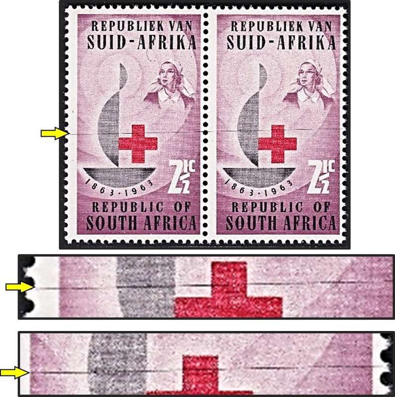 1963 RSA Red Cross MM(*) Pair Flaw - Black Horizontal DR Blade through both