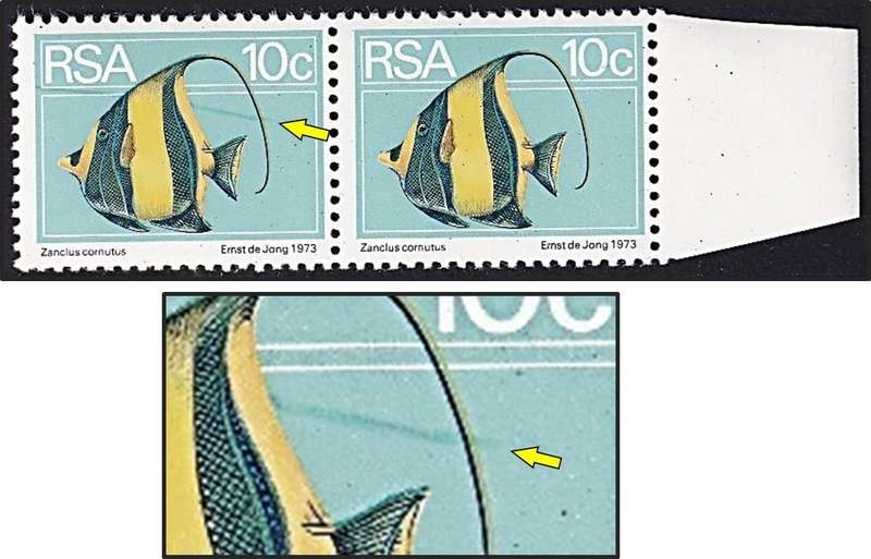 1974 RSA 10c Definitive UMM(**) Flaw - "Spear in Fish's Fin"