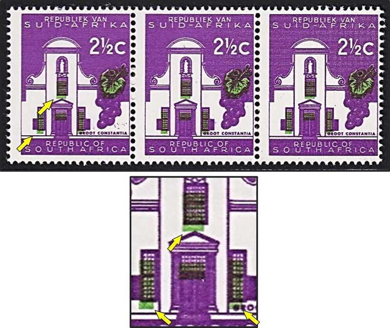 1967 RSA 2½c UMM(**) Strip - Green Colour Shift Downwards