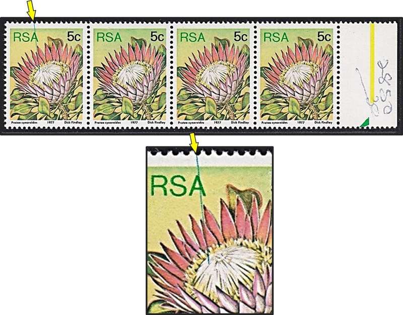1977 RSA 5c Protea UMM(**) Strip - Green Diagonal Line into Protea - Nice Item!