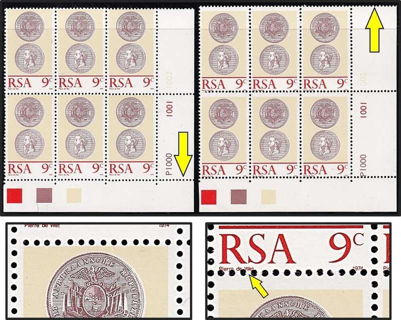 1974 RSA 9c UMM(**) Blocks  -  Perf Shift Down on 1st & Up into Inscription on 2nd