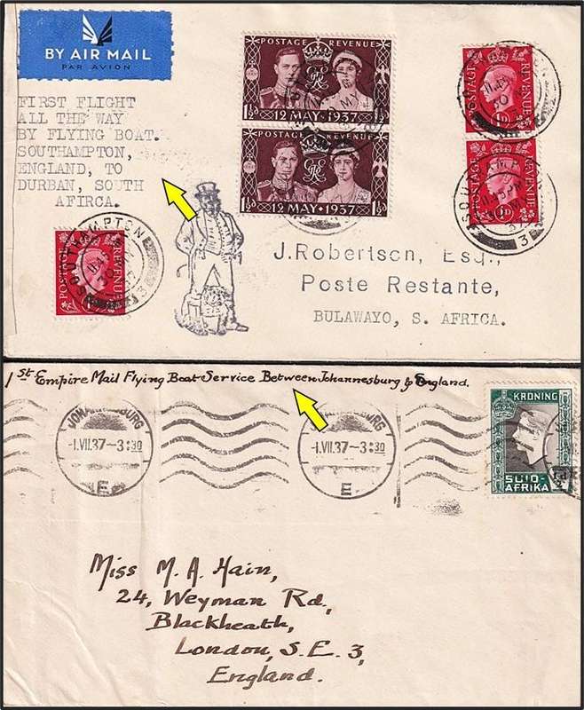 Union Airmail Covers - Flying Boat Mail x 2, 1st Airmail Service SA to Eng etc..