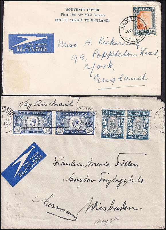 Union Airmail Covers - Flying Boat Mail x 2, 1st Airmail Service SA to Eng etc..