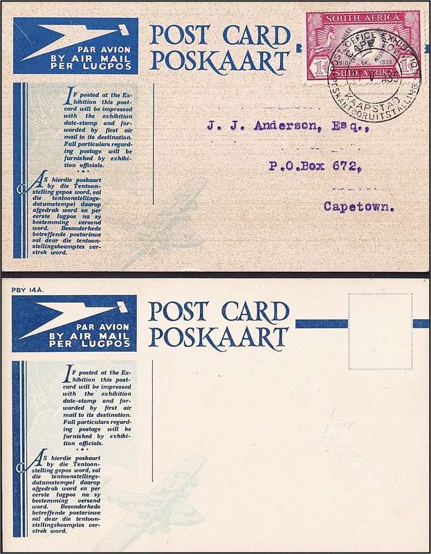 1935 Cape Town Exhibition Airmail Post Cards x 3 Used & 1 x Unused  - Scarce!