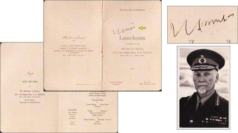 JAN SMUTS Signature on Luncheon Menu on 19 Aug 1935 at Idutywa Hotel, Idutywa - RARE!