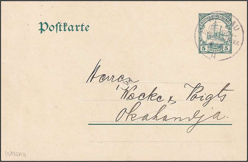 1911 GSWA Prepaid Post Card with Scarce "WALDAU" (Farm/Station) Postmark