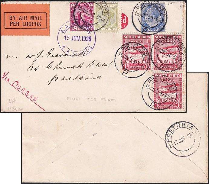 15 Jun 1925 Final Flight Cover with Mixed Issues - P.E. via Durban to Pretoria - Scarce!