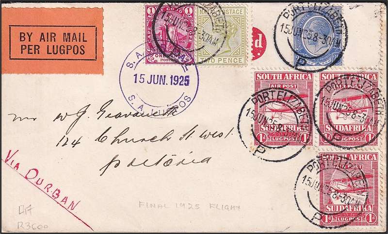 15 Jun 1925 Final Flight Cover with Mixed Issues - P.E. via Durban to Pretoria - Scarce!