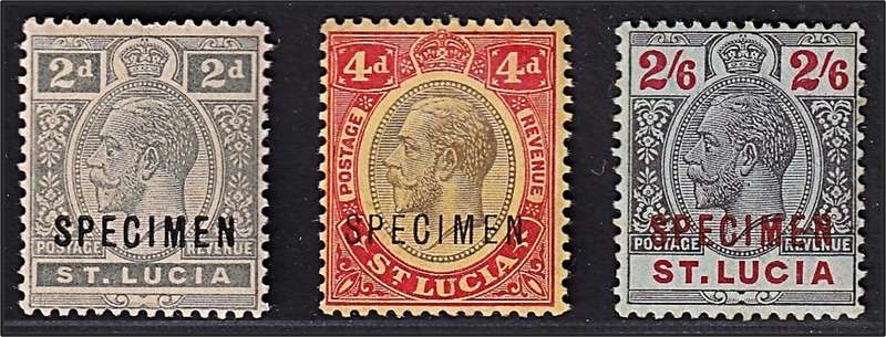 1912/21 St. Lucia KGV 2/6 SG.87 MM(*) + 2d & 4d of Same Issue - Overprinted SPECIMEN