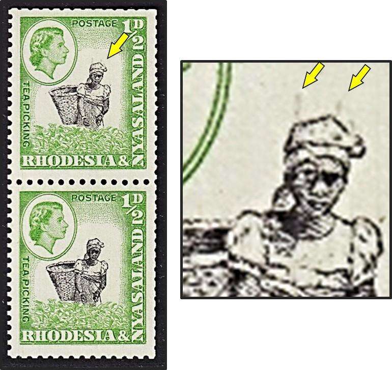 1959 Rhodesia & Nyasaland ½d UMM(**) Coil Pair - "Horned Woman Flaw"