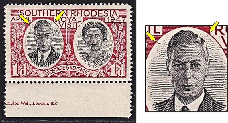 1947 Southern Rhodesia 1d UMM(**) Flaws - Red Scratches from Edge of Oval