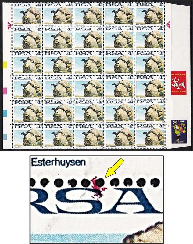 1972 RSA 4c UMM(**) Part Sheet Flaws - Red Ink Marks & Large Perf Shift to the Bottom