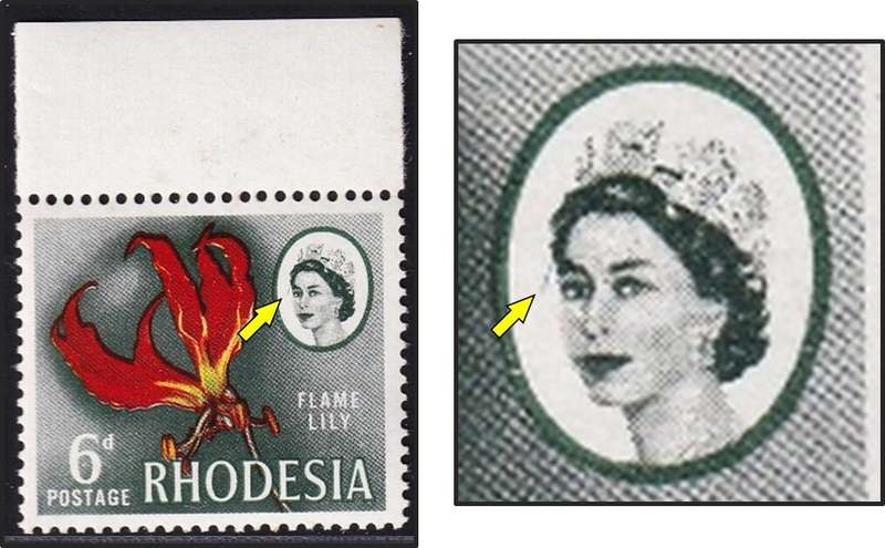 1966 Rhodesia 6d UMM(**) Variety - Diagonal Line from Queen's Ear/Strand of Hair Flaw