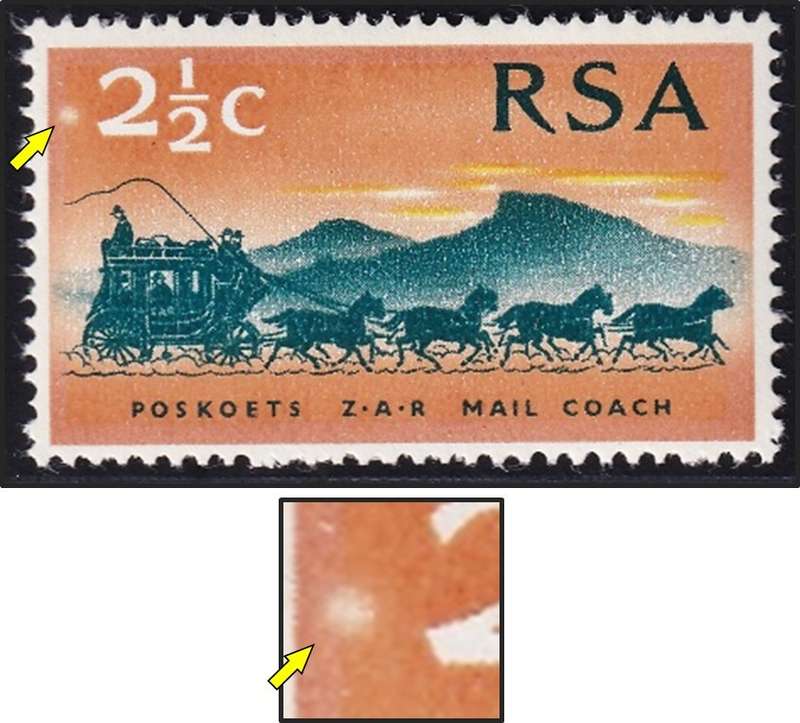 1969 RSA 2½c UMM(**) - Listed Flaw:  White Blob left of "2c"/Moon Flaw