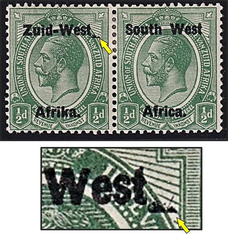 1923 SWA ½d MM(*) Pair CC.1 with  "Broken Extra Stop after West"